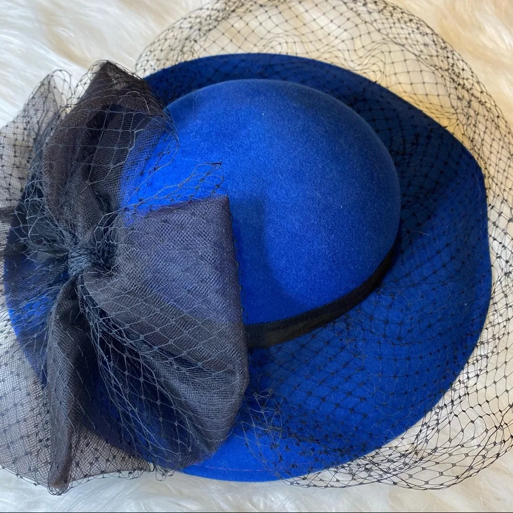 Royal Blue Women's Felt Hat with Black Veil - Picture 11 of 11